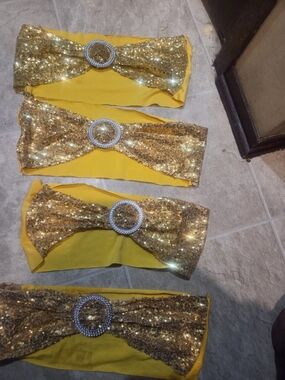100 Gold Sequin Bow Sash with Rhinestone Buckle - Yellow Backing $3 Each